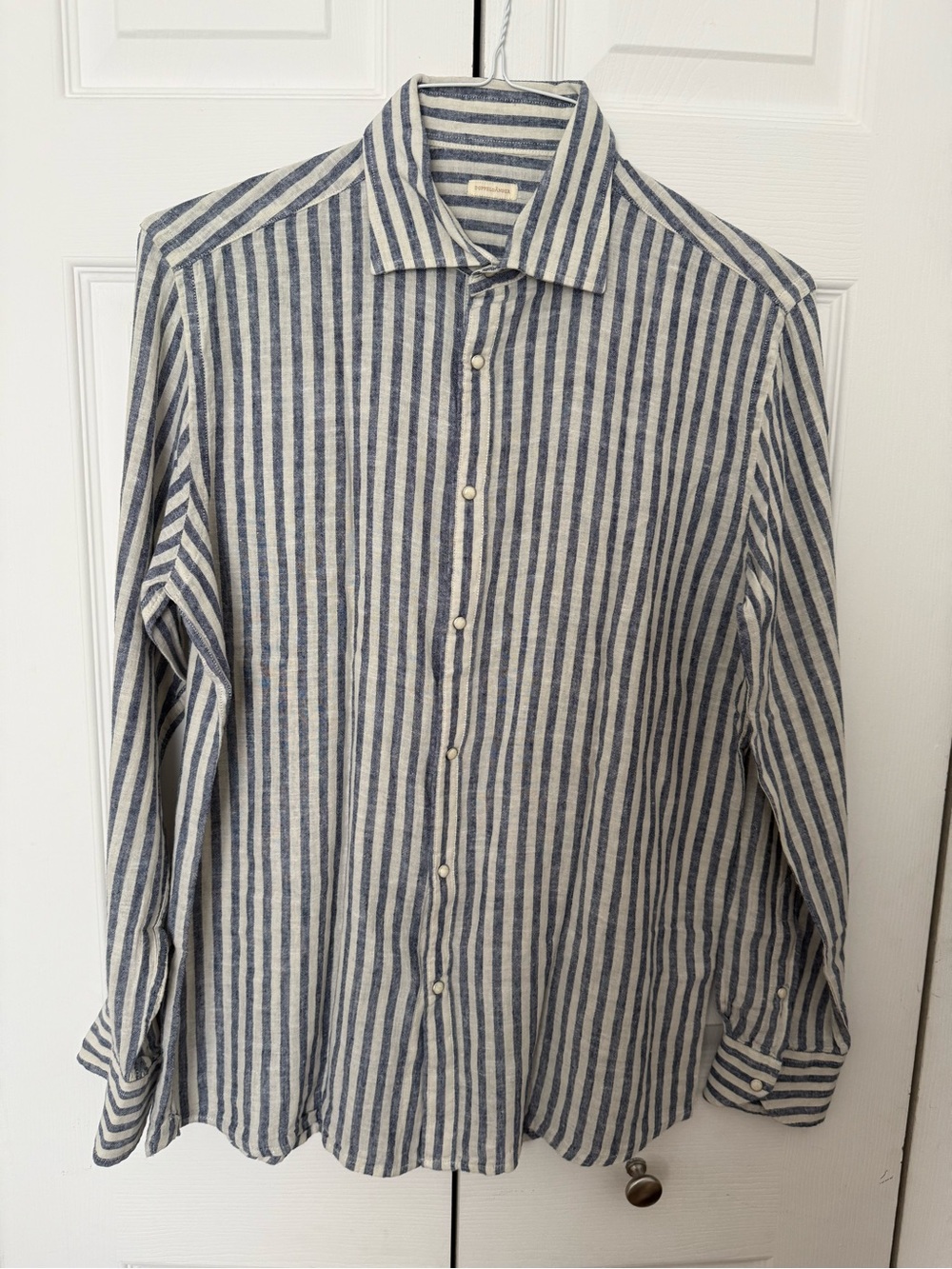 Men's Linen Blue and White Striped Button-Up Shirt